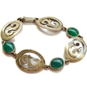 7.50" "S" Monogram Green Onyx Vintage Bracelet 925 Sterling Silver Patina 25.80g